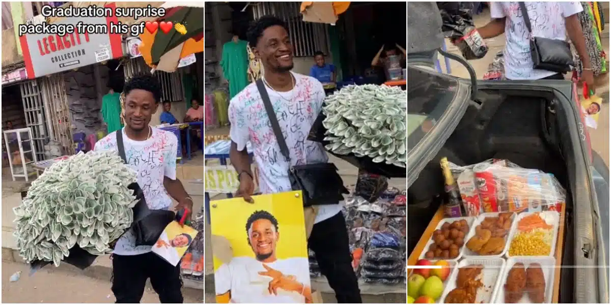 On his graduation day, a lady spoils her boyfriend by surprising him with a bouquet of flowers, a picture, and food.