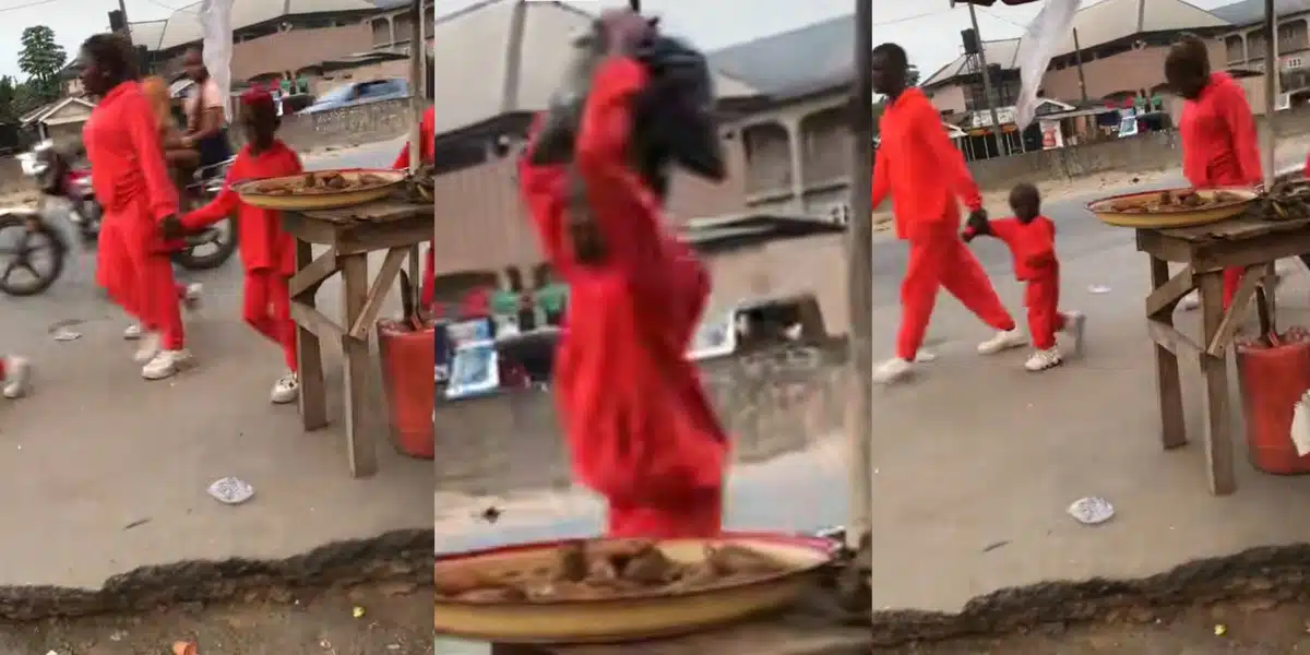 A Nigerian father, mother, and child steal the show in similar red clothes, calling them “Pablo, pablet, and pablisses.”