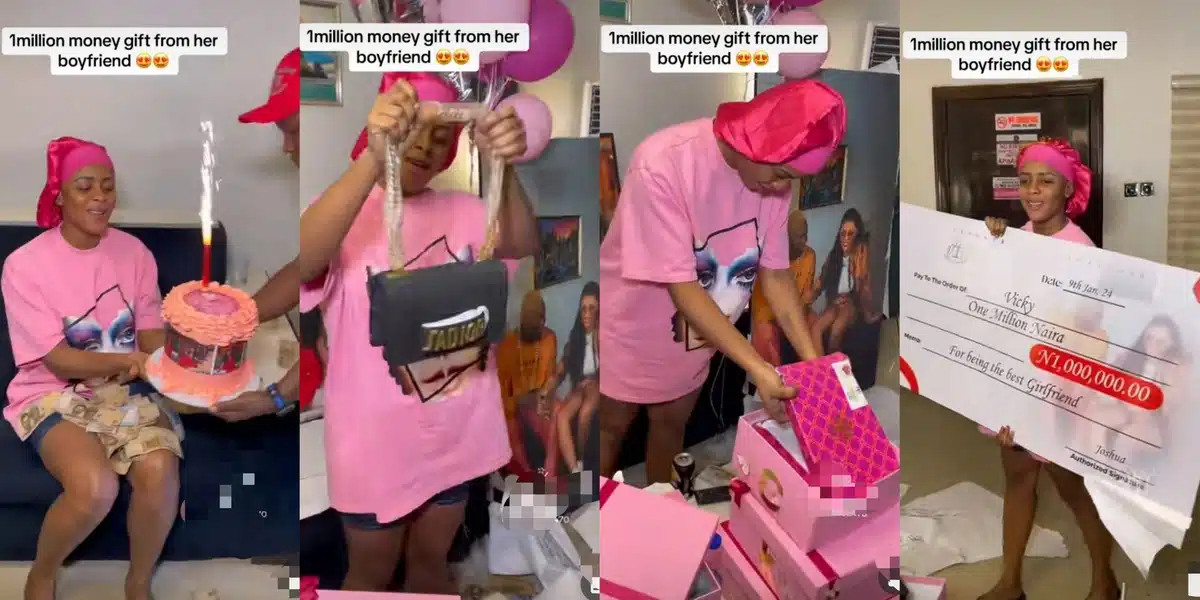  Pretty woman arouses jealousy with a ₦1 million gift from lover that includes cake, shoes, bags, and a cheque – “I tap from it”