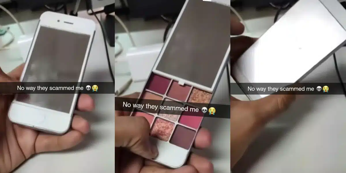 “iPhone 19 pro max”: A Nigerian man falls for a scam and purchases a fake iPhone 6 that is filled with cosmetic kits.