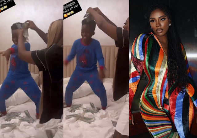 Tiwa Savage squirts her son Jamil with cash as he vigorously dances to a hit song, saying, “Please take all my money.”